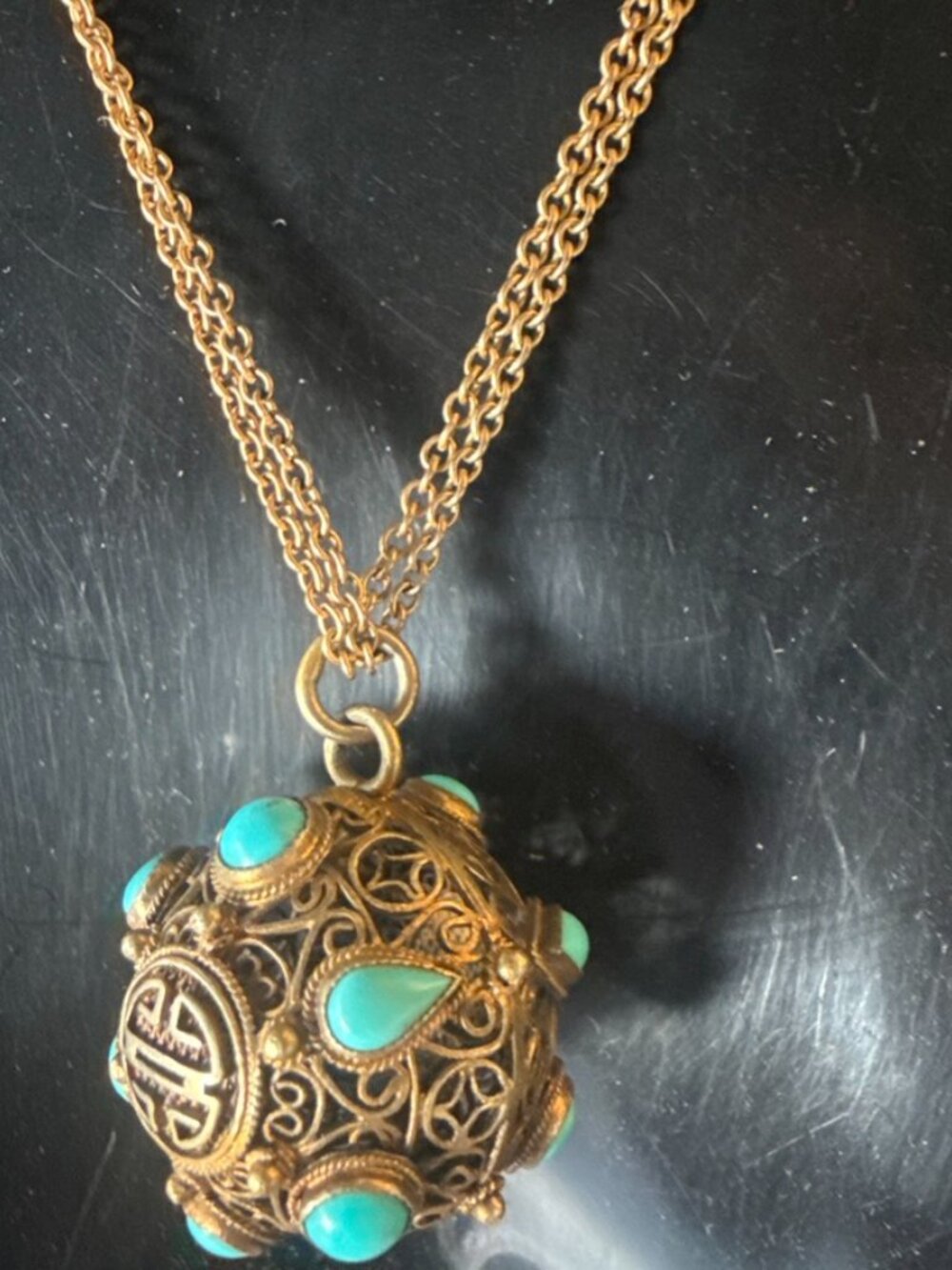 Vintage Chinese Silver Filigree Turquoise Ball Double Chain Stamped Necklace